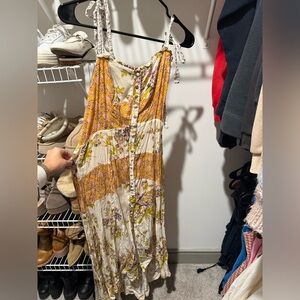 Vintage Free people- Boho Floral Tie-Shoulder Midi Dress in Mustard & Cream